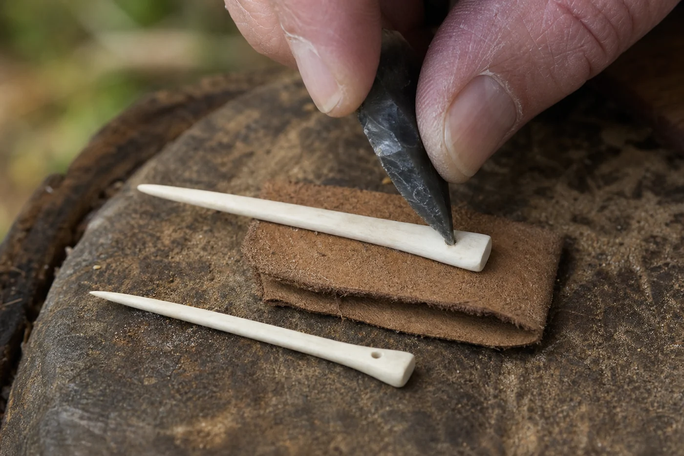Das Öhr einer Knochennadel wird von beiden Seiten mit einer kleinen Steinspitze geöffnet