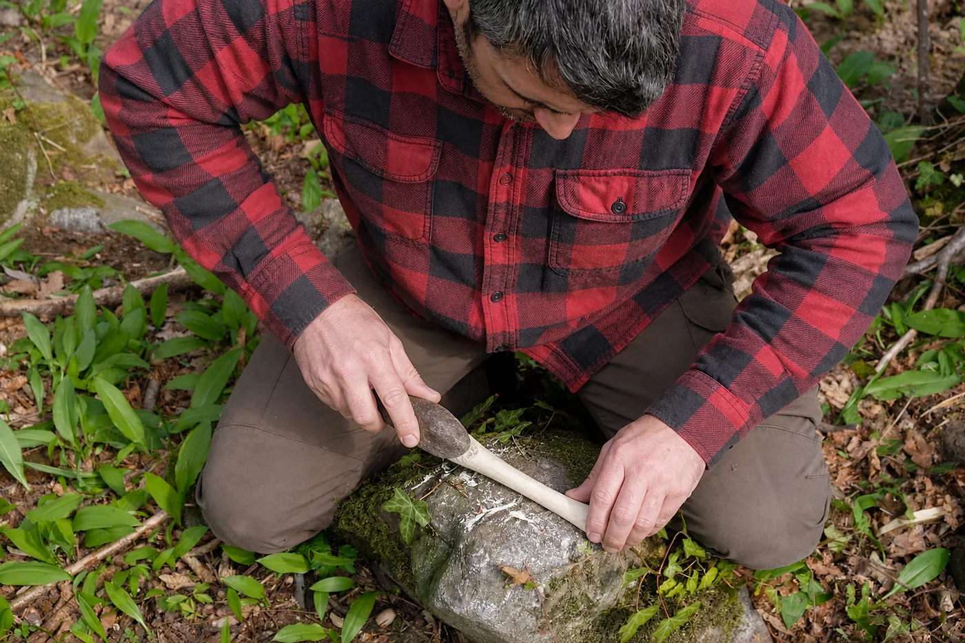 Survival Trainer Lars Konarek bearbeitet einen Knochenrohling mit einem Stein