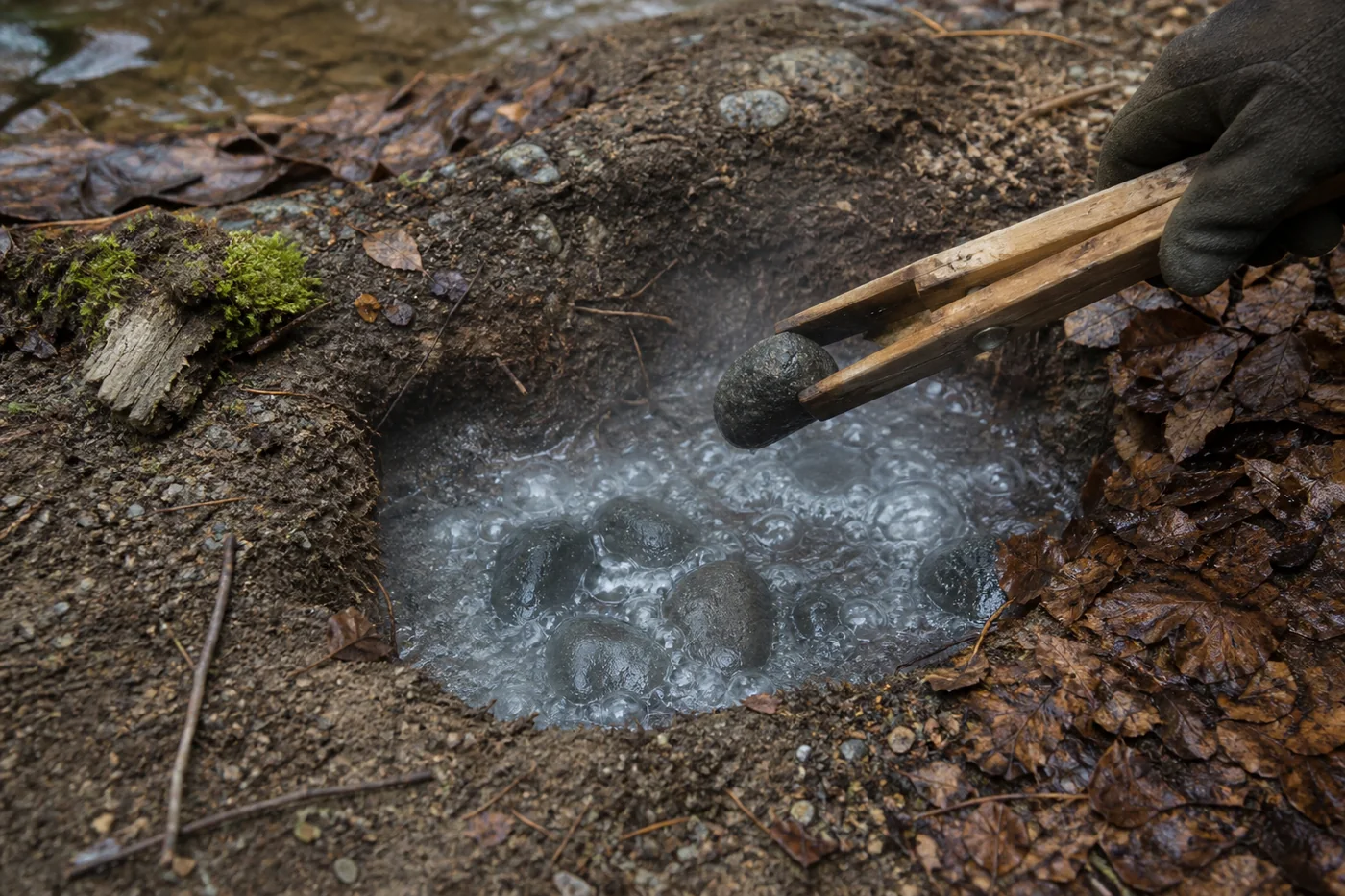 Nahaufnahme von sprudelnd kochendem Wasser in einem Erdloch mit erhitzten Steinen und einer Holzzange