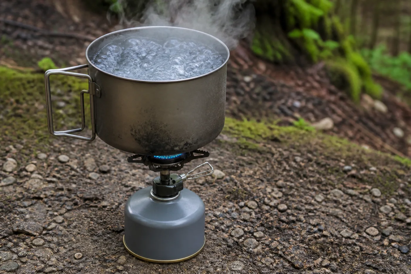 Nahaufnahme eines Trekkingtopfs mit sprudelnd kochendem Wasser auf einem Gaskocher im Wald