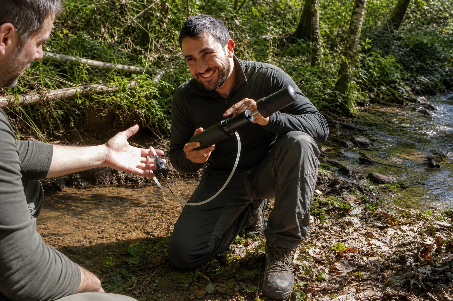 Survival Wasserfilter im Individualtraining: Lars Konarek erklärt Wasseraufbereitung am Bach