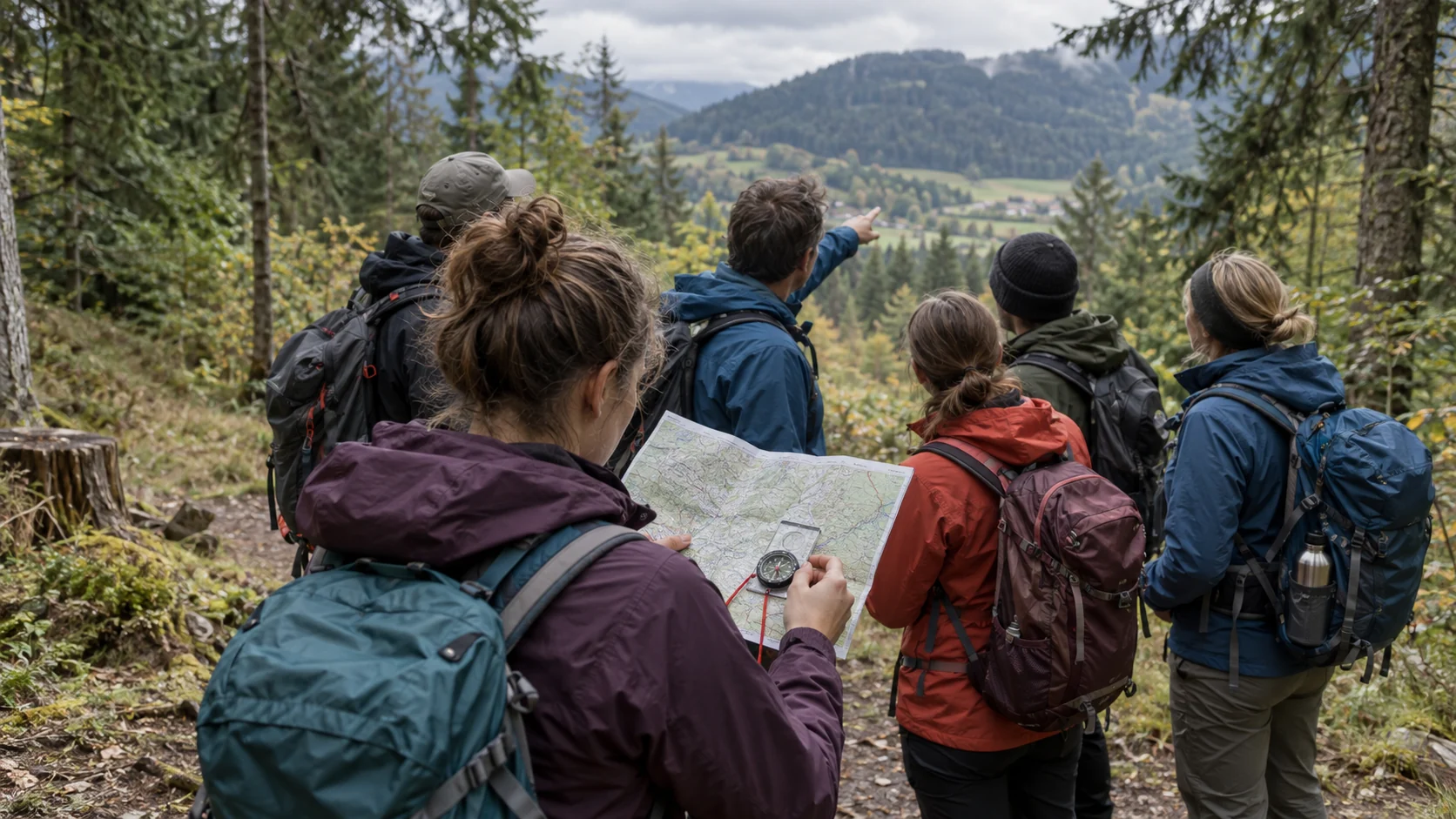 Frau und Gruppe beim Navigieren mit Karte und Kompass im Wald