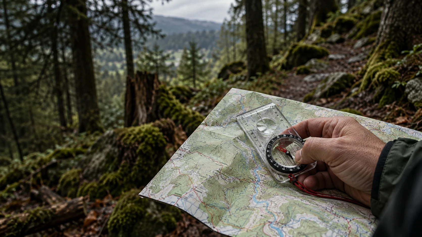 Hand mit Kompass über einer topografischen Karte im Wald
