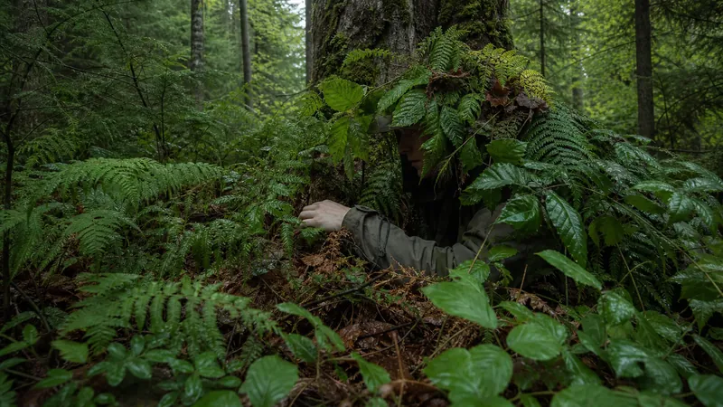 Getarnte Person beim Silent Ghost Tarntraining im Wald bei Freiburg