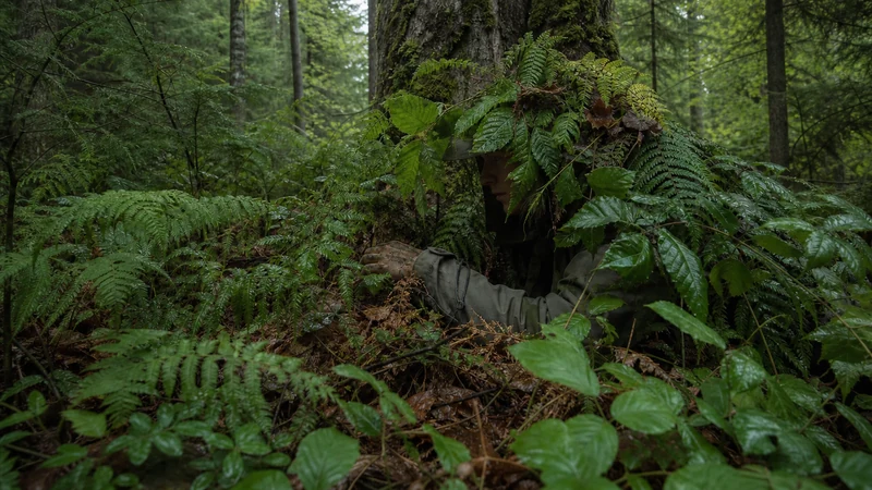 Getarnte Person beim Silent Ghost Tarntraining im Wald bei Freiburg