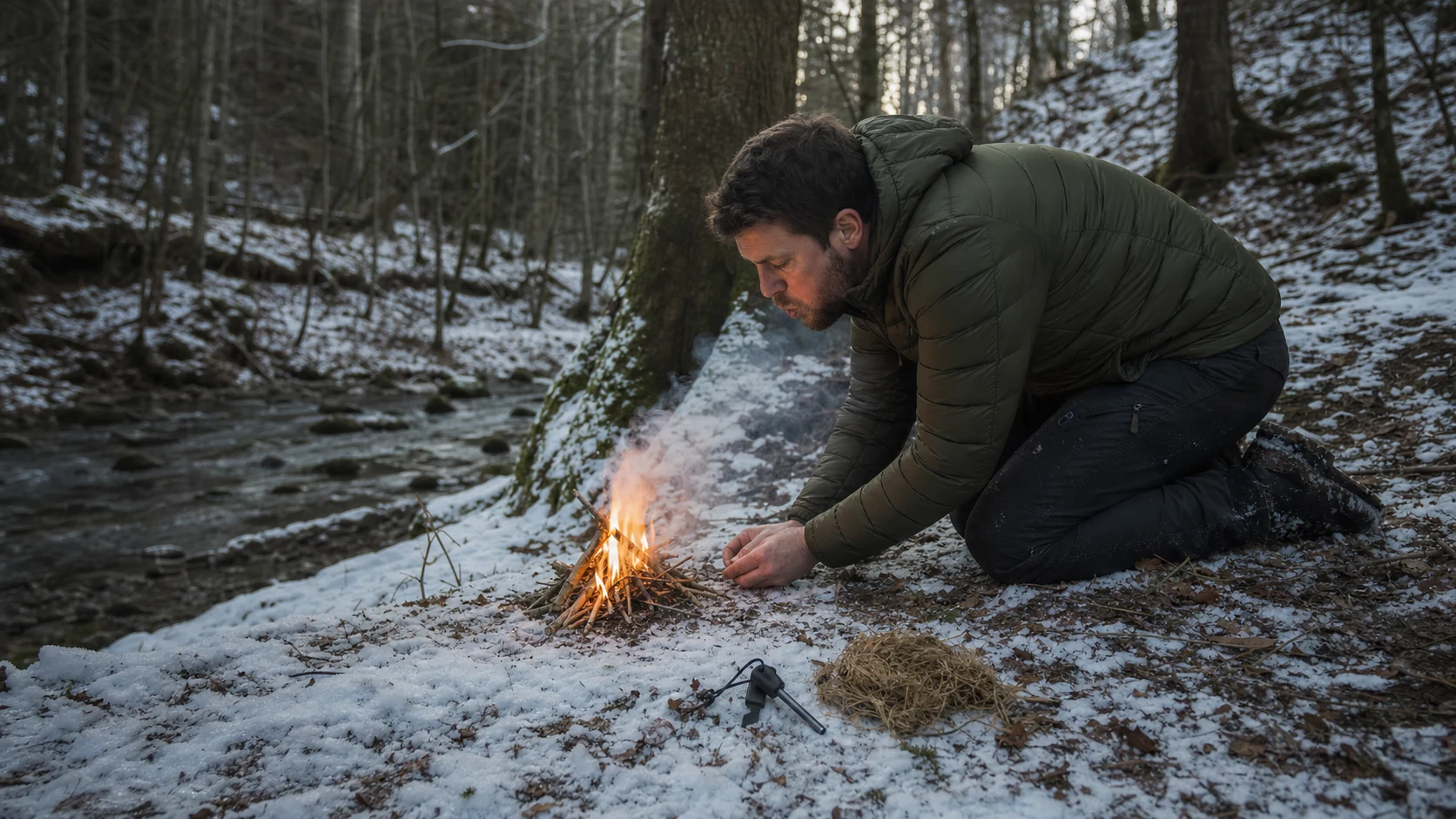Feuer im Schnee beim Winter Survival Training